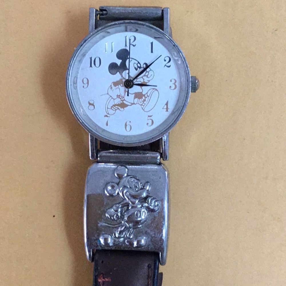 Silver and Brown Mickey Mouse Watch with Classic Analog Display